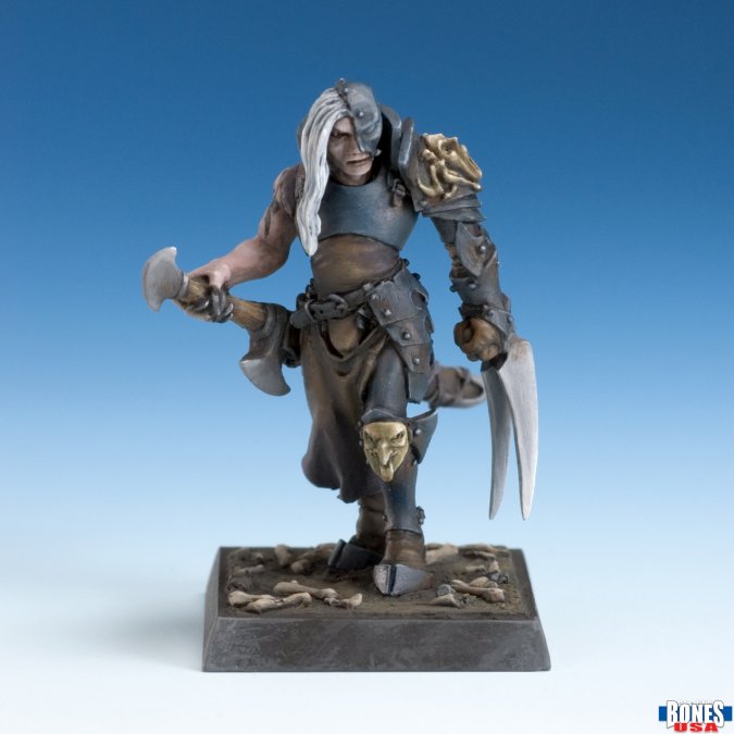 Chaos Champion (Unpainted) - Unpainted warrior figurine with white hair, detailed armor featuring a skull motif, holding an axe and claw weapon, standing