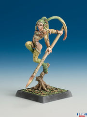 Adeui the Younger (Unpainted) - Unpainted miniature of a female elf warrior with a long ponytail, wielding a large bow, standing on a textured base with.