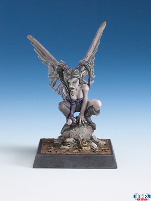 Bad Fairy (Unpainted) - Unpainted resin figurine of a crouching fairy with large detailed wings and a mischievous expression on a textured base.