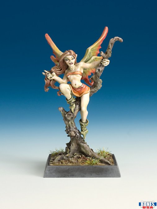 Fairy of the Woods (Unpainted) - Unpainted miniature fairy perched on twisted tree stump with delicate wings and flowing hair.
