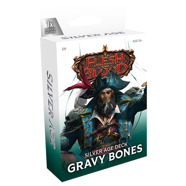 Flesh and Blood TCG: Silver Age Chapter 3 Deck - Gravy Bones (PREORDER) - Flesh and Blood TCG Silver Age Deck box featuring pirate-themed Gravy Bones artwork in dark blue and gold tones with red.