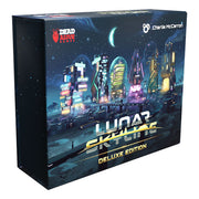 Lunar Skyline: Deluxe Edition - Dark-themed board game box featuring a futuristic city skyline under a glowing crescent moon with neon lights and "Lunar.
