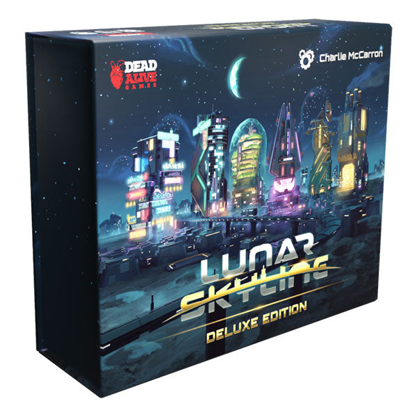 Lunar Skyline: Deluxe Edition - Dark-themed board game box featuring a futuristic city skyline under a glowing crescent moon with neon lights and "Lunar.