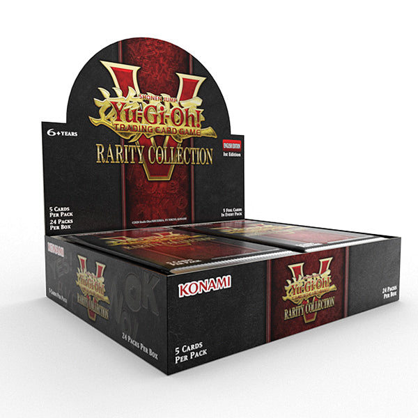 Yu-Gi-Oh: Rarity Collection 5 - Booster Display (PREORDER) - Black and red Yu-Gi-Oh Rarity Collection 5 booster display box with gold lettering and Konami logo, holding multiple card.