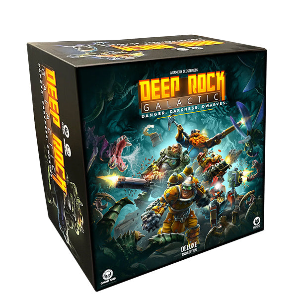 Deep Rock Galactic: Base game- Deluxe, 2nd edition - Deep Rock Galactic Deluxe 2nd Edition board game box with sci-fi miners and alien creatures on dark background.