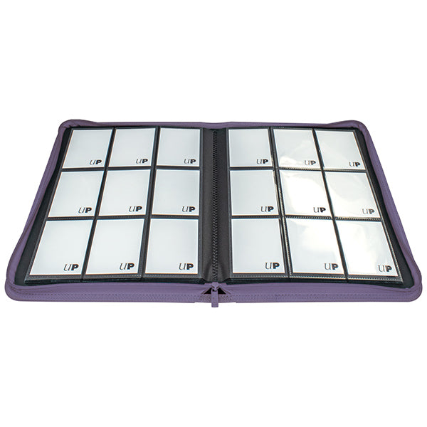 Ultra Pro 9-Pocket Zippered Binder: Vivid - Purple (PREORDER) - Purple zippered binder open to show two pages of nine transparent card pockets each, with black edging and a black zipper.