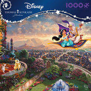 Aladdin - 1000 Piece Puzzle - Colorful 1000-piece puzzle featuring Aladdin and Jasmine flying on a magic carpet over a detailed cityscape at sunset.