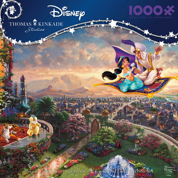 Aladdin - 1000 Piece Puzzle - Colorful 1000-piece puzzle featuring Aladdin and Jasmine flying on a magic carpet over a detailed cityscape at sunset.