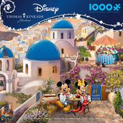 Mickey and Minnie in Greece - 1000 Piece Puzzle - Colorful 1000-piece puzzle featuring Mickey and Minnie dining in a vibrant Greek village with white buildings and blue domes.