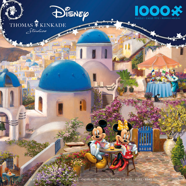 Mickey and Minnie in Greece - 1000 Piece Puzzle - Colorful 1000-piece puzzle featuring Mickey and Minnie dining in a vibrant Greek village with white buildings and blue domes.