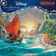 Moana - 1000 Piece Puzzle - Colorful 1000-piece puzzle featuring Moana sailing on a boat with a red sail across blue ocean waves towards a bright sunset