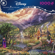 Evil Queen - 1000 Piece Puzzle - 1000-piece Disney puzzle featuring the Evil Queen in a dark, enchanted forest with a mystical castle and cottage by a calm.