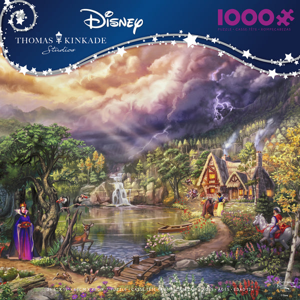 Evil Queen - 1000 Piece Puzzle - 1000-piece Disney puzzle featuring the Evil Queen in a dark, enchanted forest with a mystical castle and cottage by a calm.