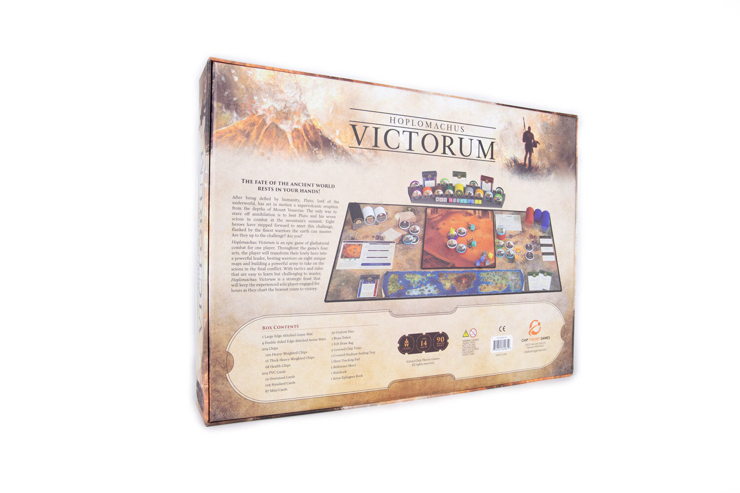 Hoplomachus: Victorum - Board game box with ancient warrior artwork, featuring detailed game components and instructions on the back panel.