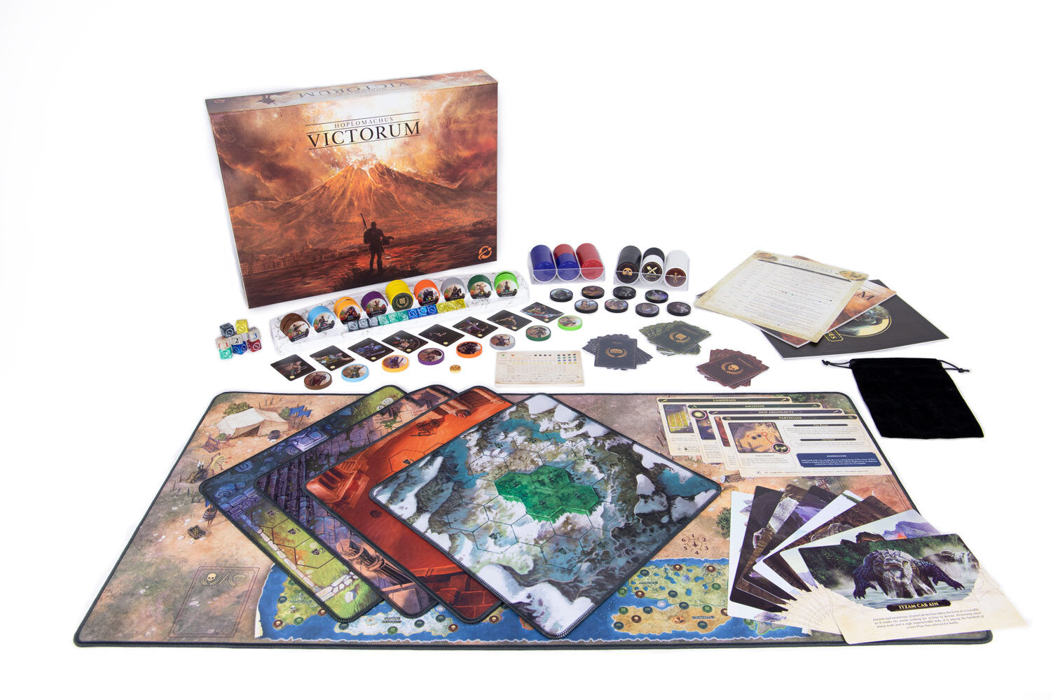 Hoplomachus: Victorum - Victorum board game set with colorful tokens, cards, dice, and illustrated game boards featuring battle scenes and strategic