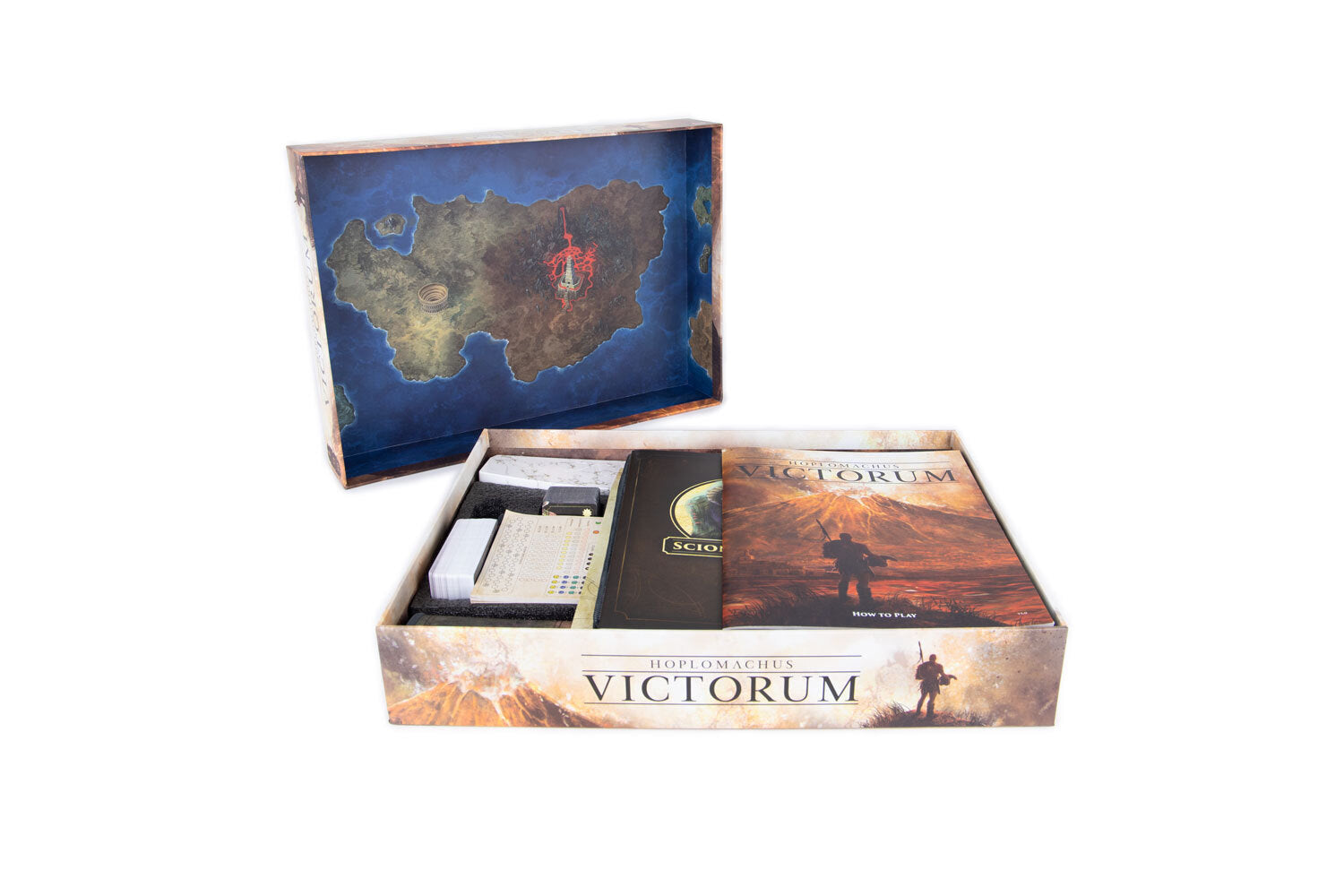 Hoplomachus: Victorum - Board game box with illustrated cover art of ancient warriors, open to reveal cards and a map inside.