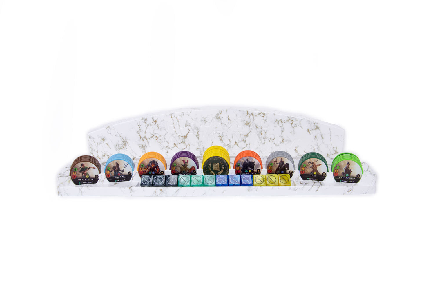 Hoplomachus: Victorum - Curved white cardboard game stand with eight colorful character tokens featuring detailed warrior illustrations and small.