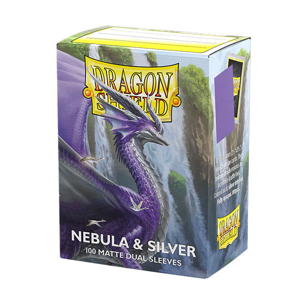 Dragon Shield Dual Sleeves 100ct Box - Matte Nebula & Silver (PREORDER) - Box of Dragon Shield dual card sleeves with purple dragon artwork, matte finish in nebula and silver colors.