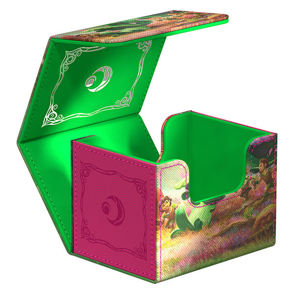 Ultimate Guard Sidewinder 100+ Xenoskin Deckcase: Lorwyn Eclipsed - Vibrance - Green and purple rectangular card deck case with fantasy artwork and decorative silver accents.