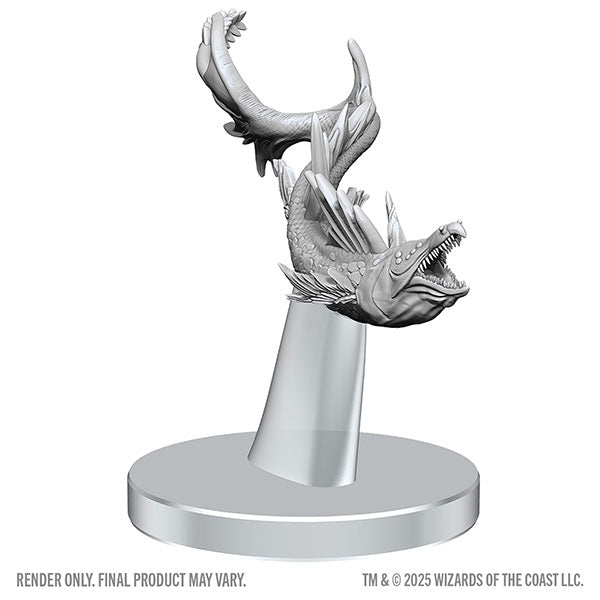 D&D Nolzur's Marvelous Miniatures: Neogi & Space Eel - Unpainted gray resin miniature of a sharp-toothed eel with fins and spikes mounted on a twisting base.