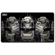 Playmat: Black Stitched- Fallout- Brotherhood of Steel - Rectangular black playmat featuring a detailed white and gray Brotherhood of Steel helmet with mechanical and armored design.