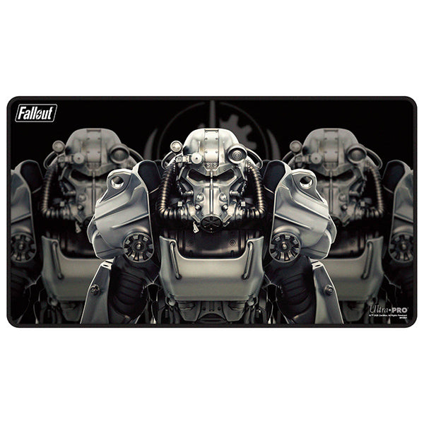 Playmat: Black Stitched- Fallout- Brotherhood of Steel - Rectangular black playmat featuring a detailed white and gray Brotherhood of Steel helmet with mechanical and armored design.