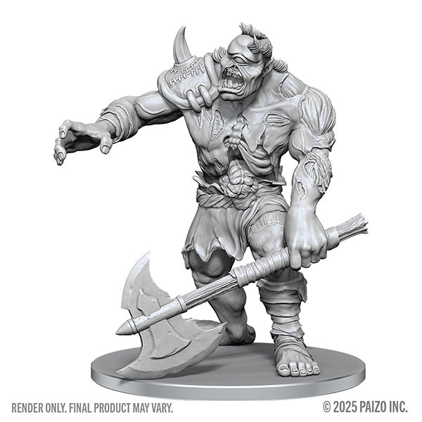 Pathfinder Battles Deep Cuts Miniatures: Dread Zombie Cyclops (PREORDER) - Gray unpainted Dread Zombie Cyclops miniature holding a large double-bladed axe with muscular, decayed body and one eye.