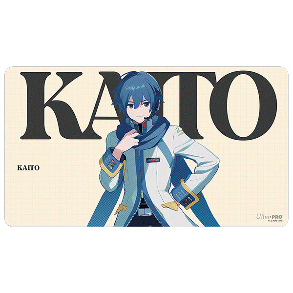 Ultra Pro Playmat: Hatsune Miku Retro Soundscapes - Kaito (PREORDER) - Rectangular beige playmat featuring blue-haired anime character Kaito in a white coat with blue accents and scarf, bold.