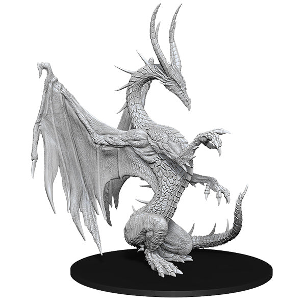 Pathfinder Battles Deep Cuts: Blue Dragon - Gray detailed dragon miniature with large wings, long horns, and textured scales on a round black base.