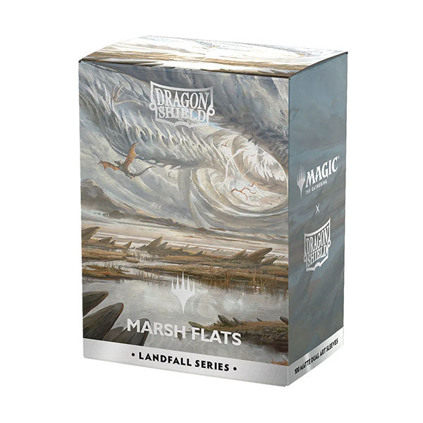 Dragon Shield Standard Dual Matte Art Sleeves 100ct - MTG Landfall Series - Marsh Flats (PREORDER) - Matte card sleeve pack with fantasy stormy swamp artwork in gray and brown tones, labeled Marsh Flats Landfall Series.
