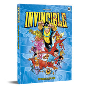 Invincible - Superhero RPG: Core Rulebook (PREORDER) - Blue paperback book titled Invincible with a group of colorful comic-style superheroes flying forward on the cover.