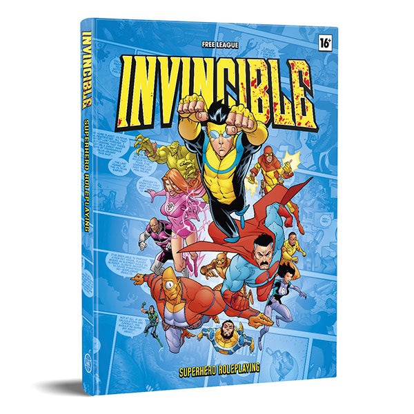 Invincible - Superhero RPG: Core Rulebook (PREORDER) - Blue paperback book titled Invincible with a group of colorful comic-style superheroes flying forward on the cover.