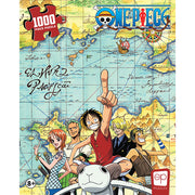 Puzzle: One Piece "Sailing the Going Merry" (1000 Pieces) - One Piece puzzle with colorful map background and characters Luffy, Nami, Zoro, Sanji, and Usopp sailing on Going Merry.