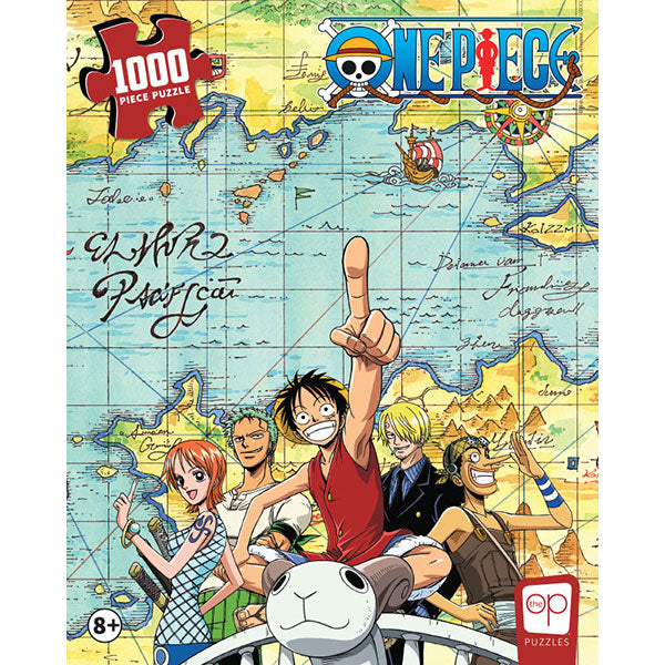 Puzzle: One Piece "Sailing the Going Merry" (1000 Pieces) - One Piece puzzle with colorful map background and characters Luffy, Nami, Zoro, Sanji, and Usopp sailing on Going Merry.