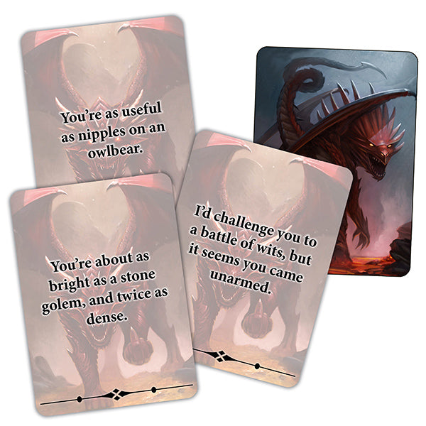 Deck of Many Insults - Deck of square cards with fantasy art and humorous insult text in serif font on a smoky background with decorative borders.