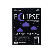 Ultra Pro Eclipse Matte Deck Protectors: Royal Purple - Black rectangular pack of Ultra Pro Eclipse Matte Deck Protector Sleeves with purple crescent moon and cloud graphics on the