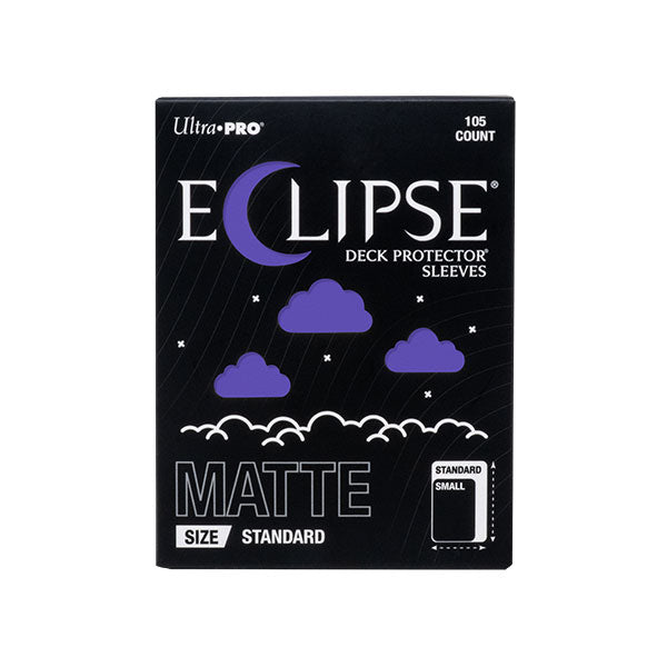 Ultra Pro Eclipse Matte Deck Protectors: Royal Purple - Black rectangular pack of Ultra Pro Eclipse Matte Deck Protector Sleeves with purple crescent moon and cloud graphics on the