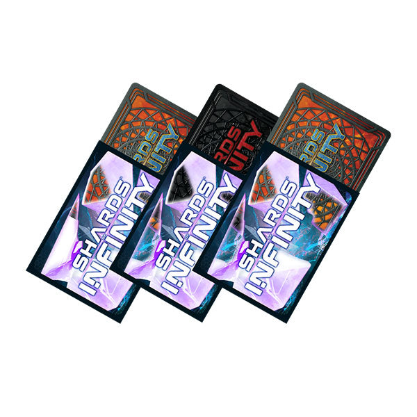 Shards of Infinity: Card Sleeves, Saga Edition (100 ct.) (PREORDER) - Set of 100 rectangular card sleeves featuring multicolored geometric and sci-fi themed designs with "Shards of Infinity".