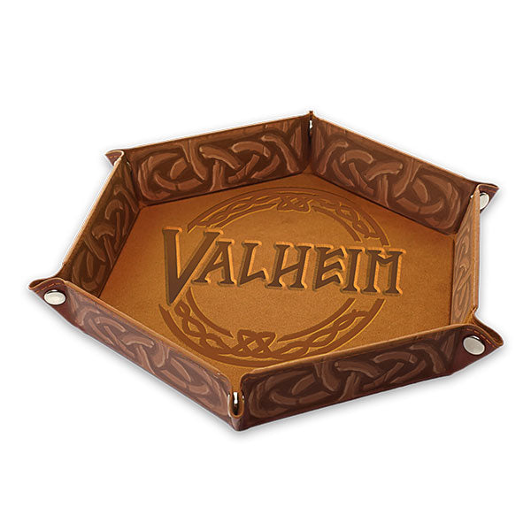 Valheim: Dice Tray - Hexagonal brown leather dice tray with embossed Valheim logo and Celtic knot border design.