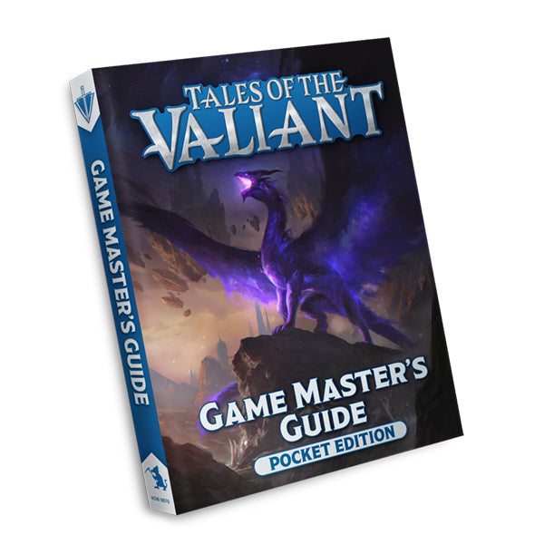 Tales of the Valiant: Game Master’s Guide, Pocket Edition - Dark fantasy book cover featuring a purple glowing dragon perched on rocks, titled Tales of the Valiant Game Master’s Guide.
