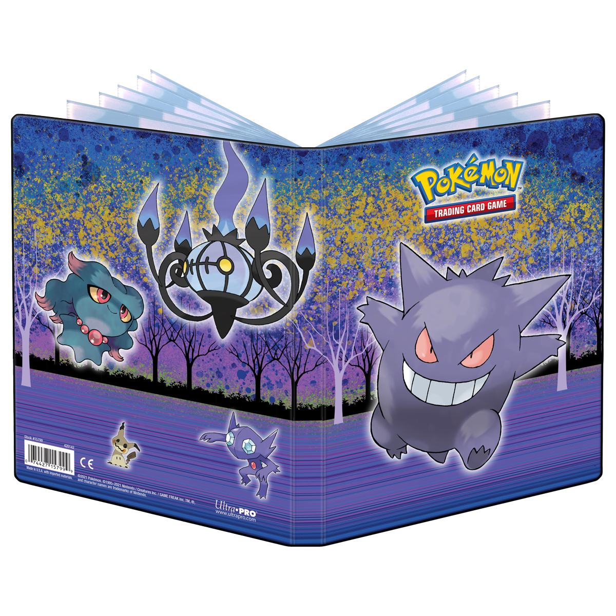 Ultra Pro 4-Pocket Portfolio: Pokémon - Gallery Series Haunted Hollow (PREORDER) - Purple and blue Ultra Pro 4-pocket portfolio featuring Pokémon Gengar, Chandelure, Misdreavus, and Mismagius with a haunted.