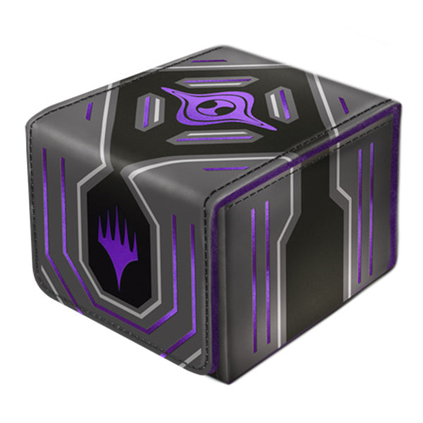 Gatherers' Tavern Domaru Deck Box: Magic the Gathering: Edge of Eternities - Monoist - Black rectangular deck box with purple and white geometric accents and a stylized magic emblem on the side.
