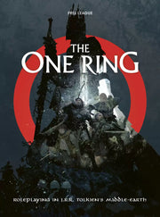 The One Ring: Core Rules Standard - Dark fantasy book cover with shadowy warriors in armor and weapons beneath a large red ring and bold white title text "The.