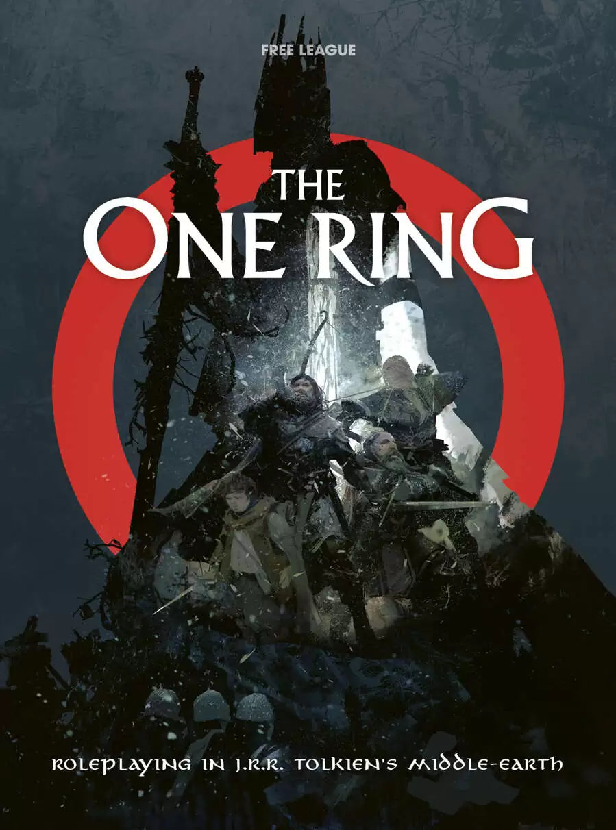 The One Ring: Core Rules Standard - Dark fantasy book cover with shadowy warriors in armor and weapons beneath a large red ring and bold white title text "The.