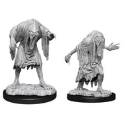 D&D Nolzur's Marvelous Miniatures: Bodaks - Two gray plastic miniature figures of Bodak creatures with tattered robes, elongated faces, and clawed hands on round black.