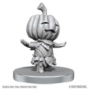 Pathfinder Battles Deep Cuts Miniatures: Gourd Leshy and Cactus Leshy (PREORDER) - Gray unpainted miniature of a pumpkin-headed figure with outstretched arms and a leafy skirt on a round base.