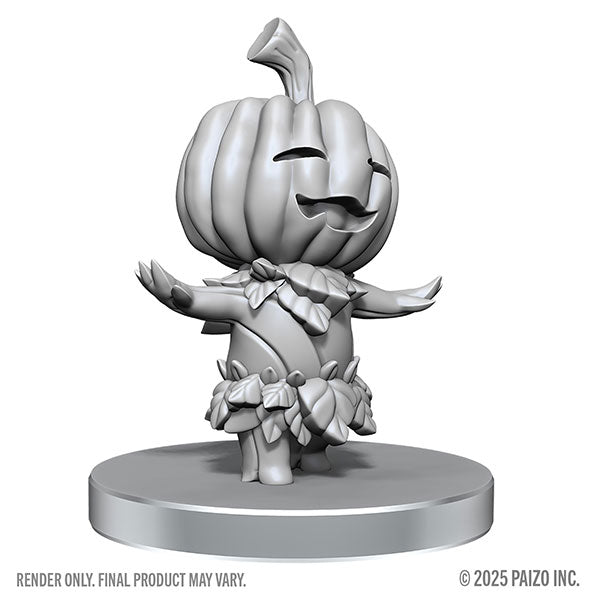 Pathfinder Battles Deep Cuts Miniatures: Gourd Leshy and Cactus Leshy (PREORDER) - Gray unpainted miniature of a pumpkin-headed figure with outstretched arms and a leafy skirt on a round base.