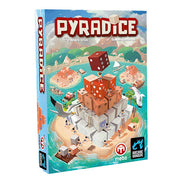 Pyradice (PREORDER) - Pyradice board game box featuring stacked dice pyramid illustration on a colorful island background.
