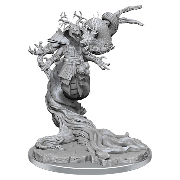 Magic the Gathering Miniatures: Shigeki, Jukai Visionary - Gray resin miniature of a warrior with antlered helmet and flowing robes merging into a twisted tree base.