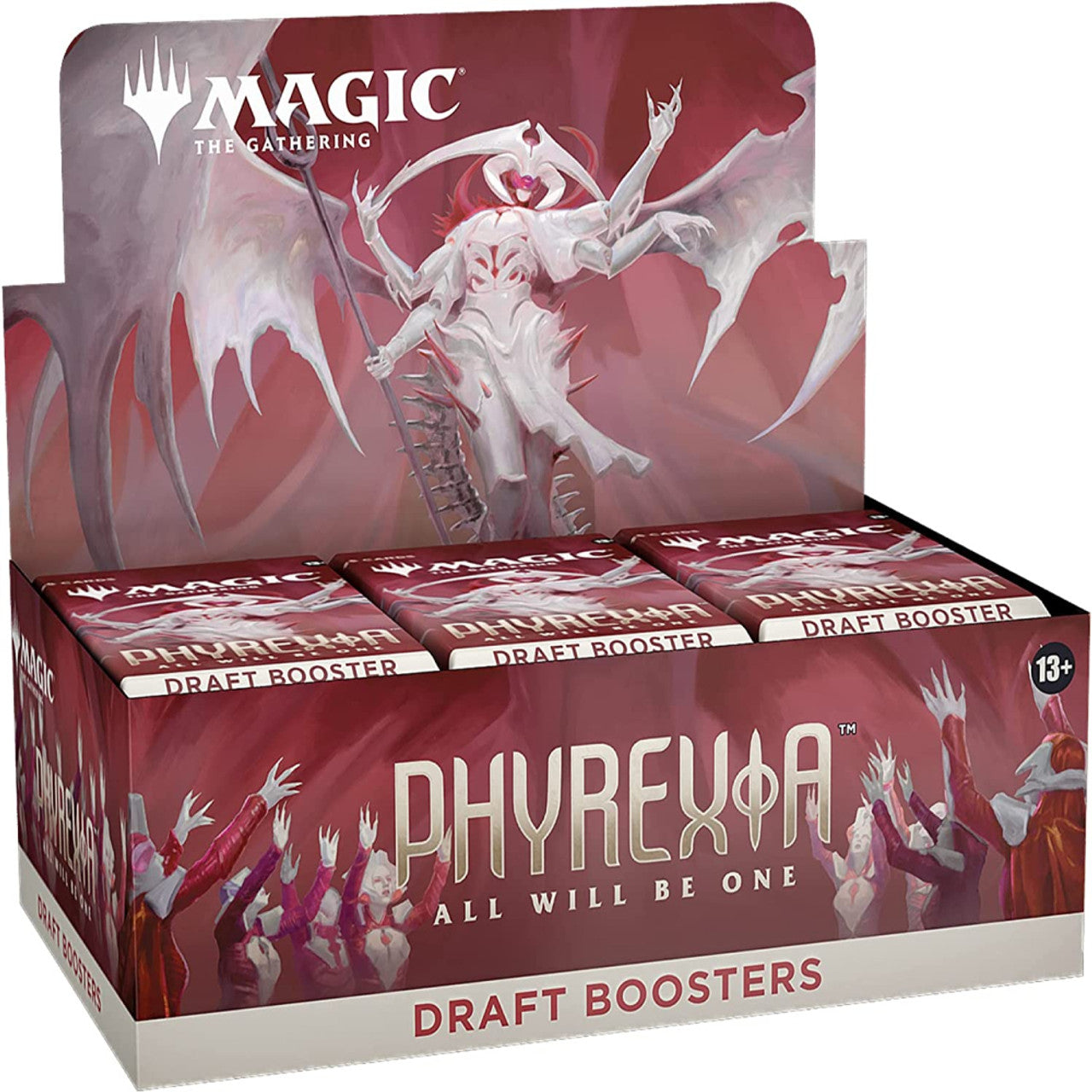 Magic: the Gathering - Phyrexia All Will Be One - Draft Booster Box - The Gathering Phyrexia All Will Be One draft booster box with dark red and white art featuring a monstrous figure and.